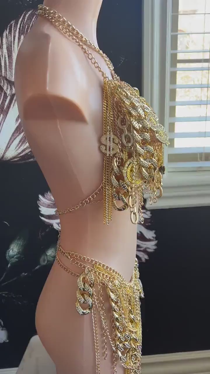 Custom Request 90s Gold Chain Rhinestone Bra Rave Top Festival Outfit Gold Bra Jewelry Gold Outfit Gold Chain HipHop Dollar Sign Charm