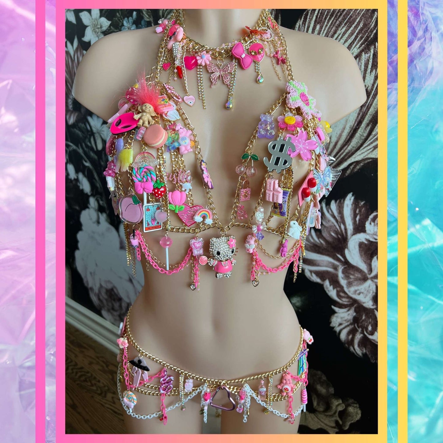 Custom Rave Outfit Festival Outfit for Women Festival Outfit Rave Set Pink Rave Outfit Set for Women Chain Bra Top for Festival Wear Jewelry