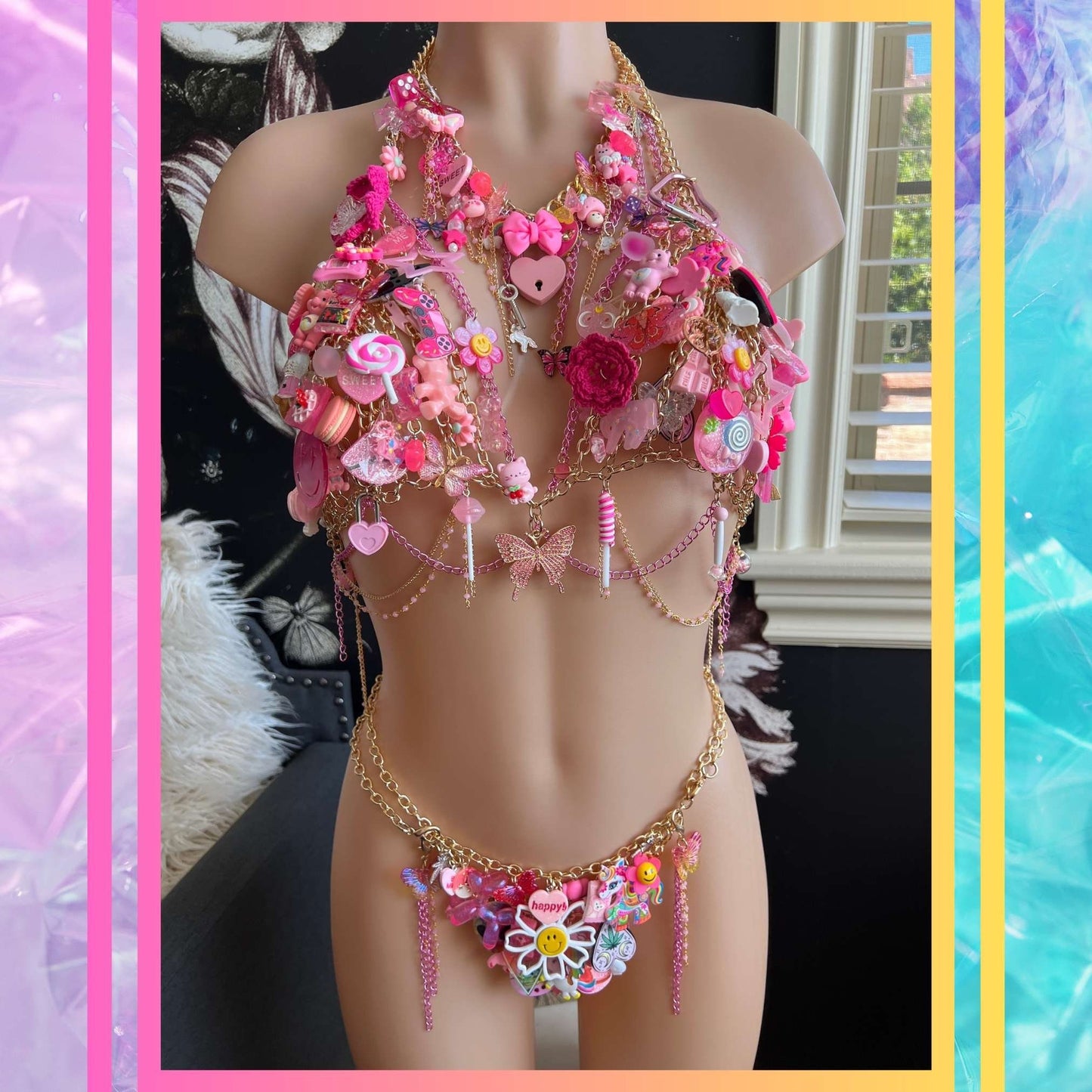 Custom Rave Outfit Festival Outfit for Women Festival Outfit Rave Set Pink Rave Outfit Set for Women Chain Bra Top for Festival Wear Jewelry