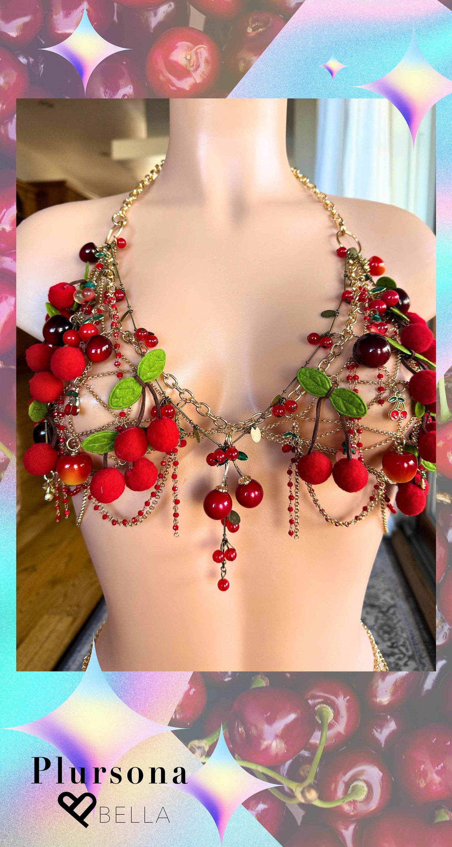 Cherry Charm Chain Bra One of a Kind Rave Top EDM Festival Outfit Cherry Necklace Personalized Jewelry Customizable Cherry Red