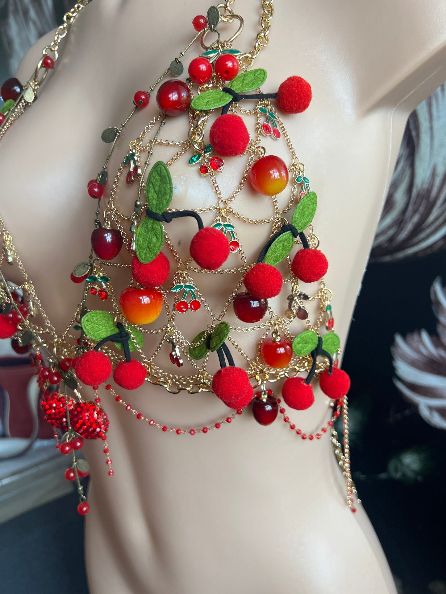 Cherry Charm Chain Bra One of a Kind Rave Top EDM Festival Outfit Cherry Necklace Personalized Jewelry Customizable Cherry Red